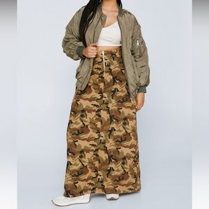 Camo Printed Twill Cargo Maxi Skirt